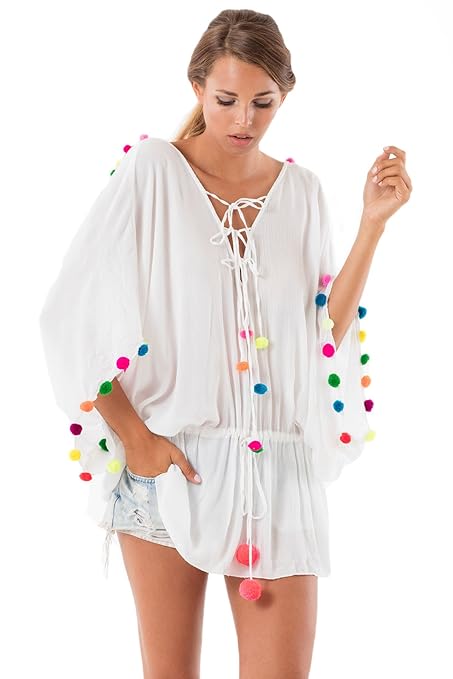 Sundress Women's Wovens LouLou Pom Pom Tunic Swim Cover Up White XS/S