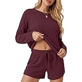 Anydoll Womens Pajama Sets Waffle Knit Lounge Sets Long Sleeve Top and Shorts 2 Piece Loungewear with Pockets