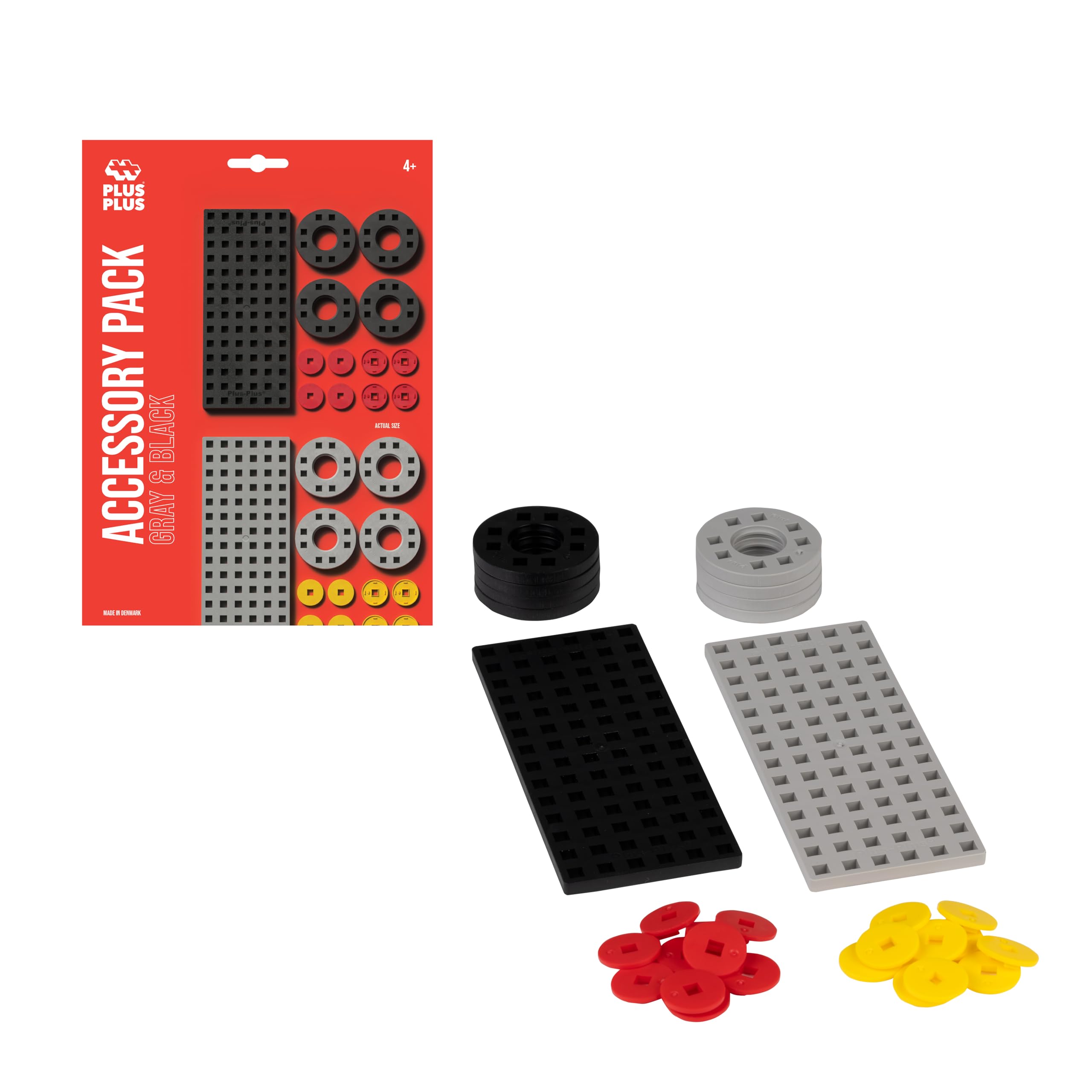 PLUS PLUS Toy Accessories for Kids 5 Plus Years Old - Accessory Pack with 2 Base Plates, 8 Wheels and 4 Hubs - Grey and Black