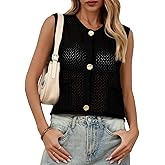 Saodimallsu Womens Crochet Sweater Vest Button Down Sleeveless Crew Neck Boho Knit Crop Tank Tops Summer Cardigans