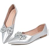DssXUxx Flats for Women Comfortable Leather Pointed Toe Ballerina Shoes Rhinestone Bow Comfort Slip On Flats Light Weight Dress Shoes Silver-8