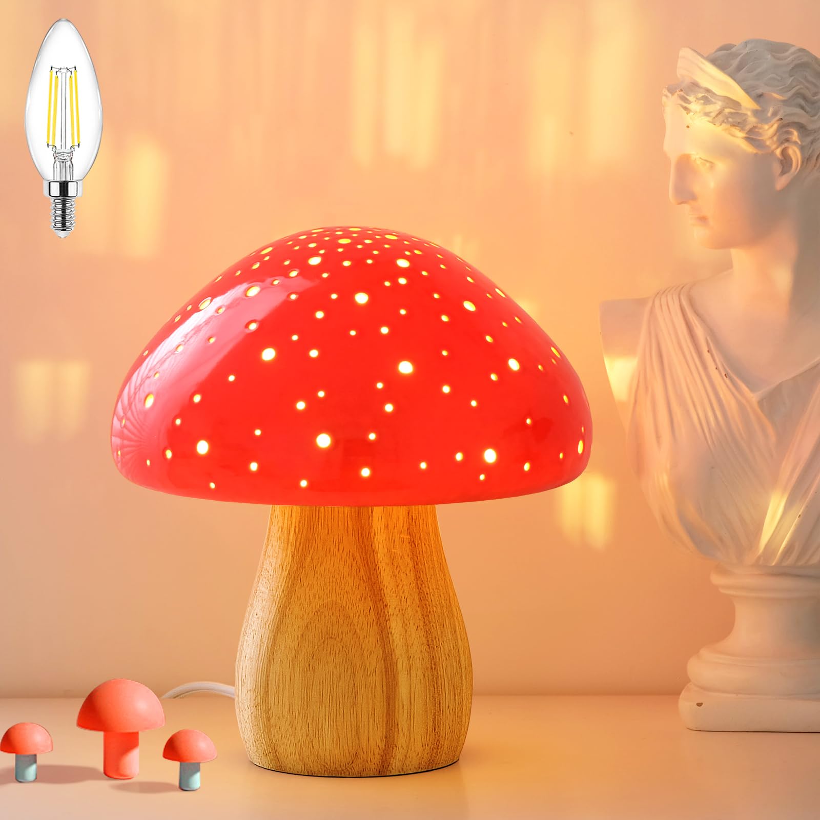 Photo 1 of BOHON Mushroom Lamp, Ceramic Bedside Table Lamp for Bedroom Nightstand, Retro Vintage Red Night Light, Small Lamp for Living Room Desk Home Decor Aesthetic, LED Bulb Included, Red