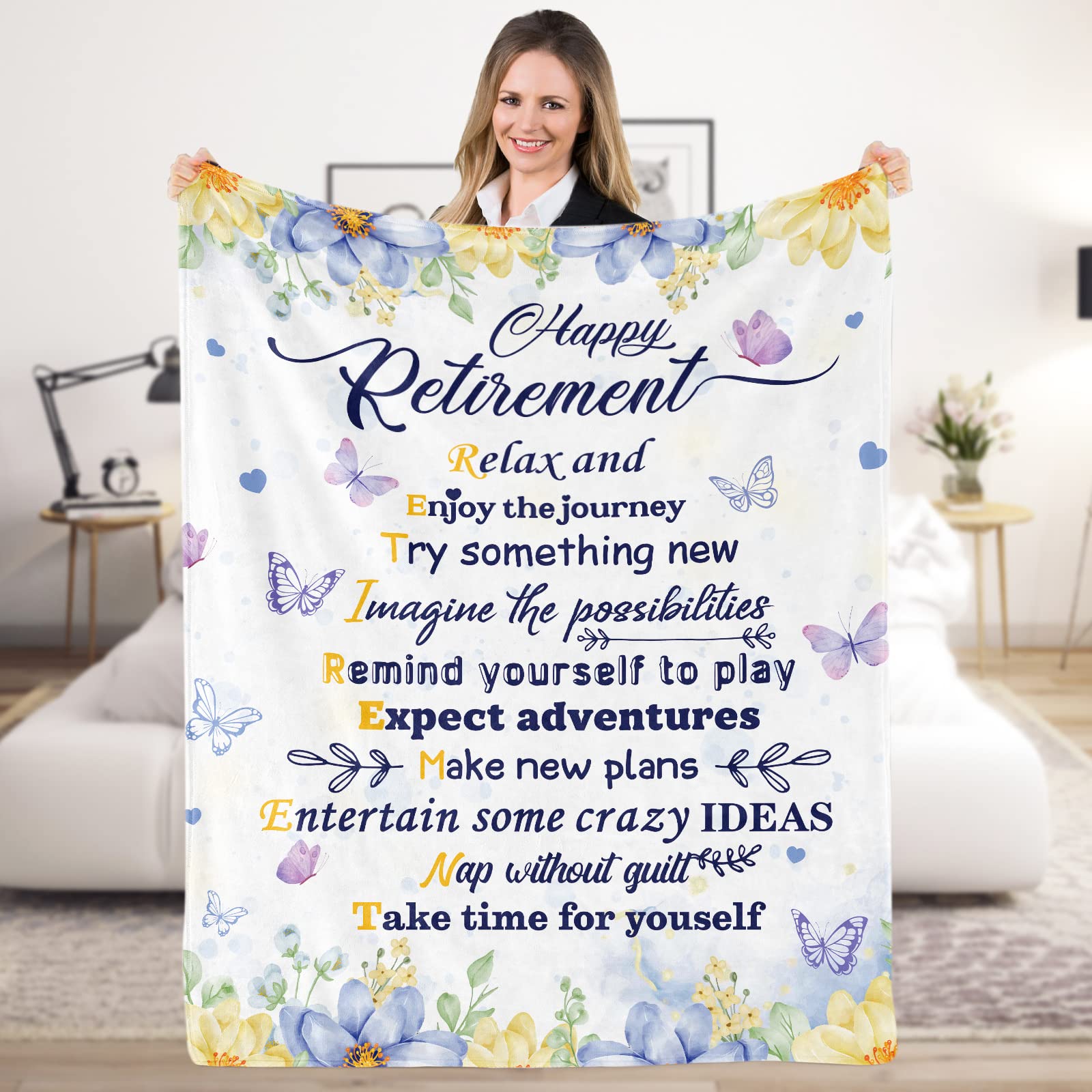 Domgoge Retirement Gifts for Women, Soft Flannel Happy Blanket, Fluffy Plush Retired Throw Female, Farewell Goodbye Idea Boss Coworker Nurse Doctor Teacher, 130x152 cm, white Purple
