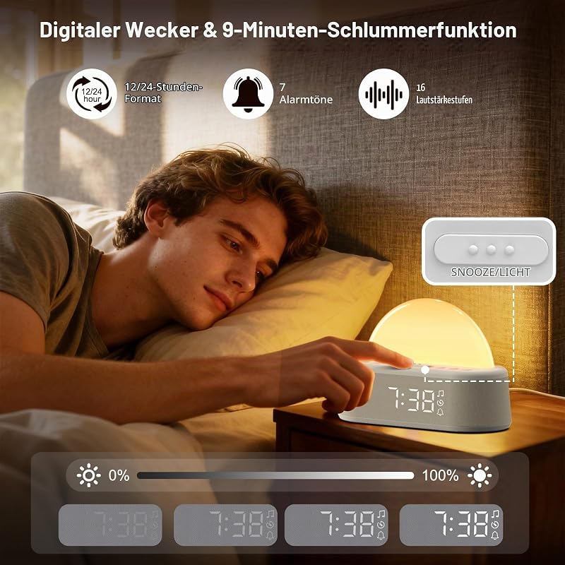 Tageslichtwecker, Lichtwecker Sonnenaufgang Wecker mit Licht, Wecker Digital mit Alarme und Snooze, White Noise Machine mit 30 Weißes Rauschen,Nachttischlampe mit 20 Helligkeit,8 Farblicht,Sleep Timer