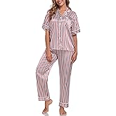 Silk Pajamas for Women Set Short Sleeve Sleepwear Button Down Shirt with Long Pants 2 Piece Striped Soft Pj Set