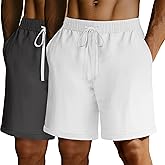 Ficerd 2 Pack Men's Big and Tall Linen Shorts Casual Elastic Waist Cotton Blend Drawstring Summer Beach Shorts with Pockets