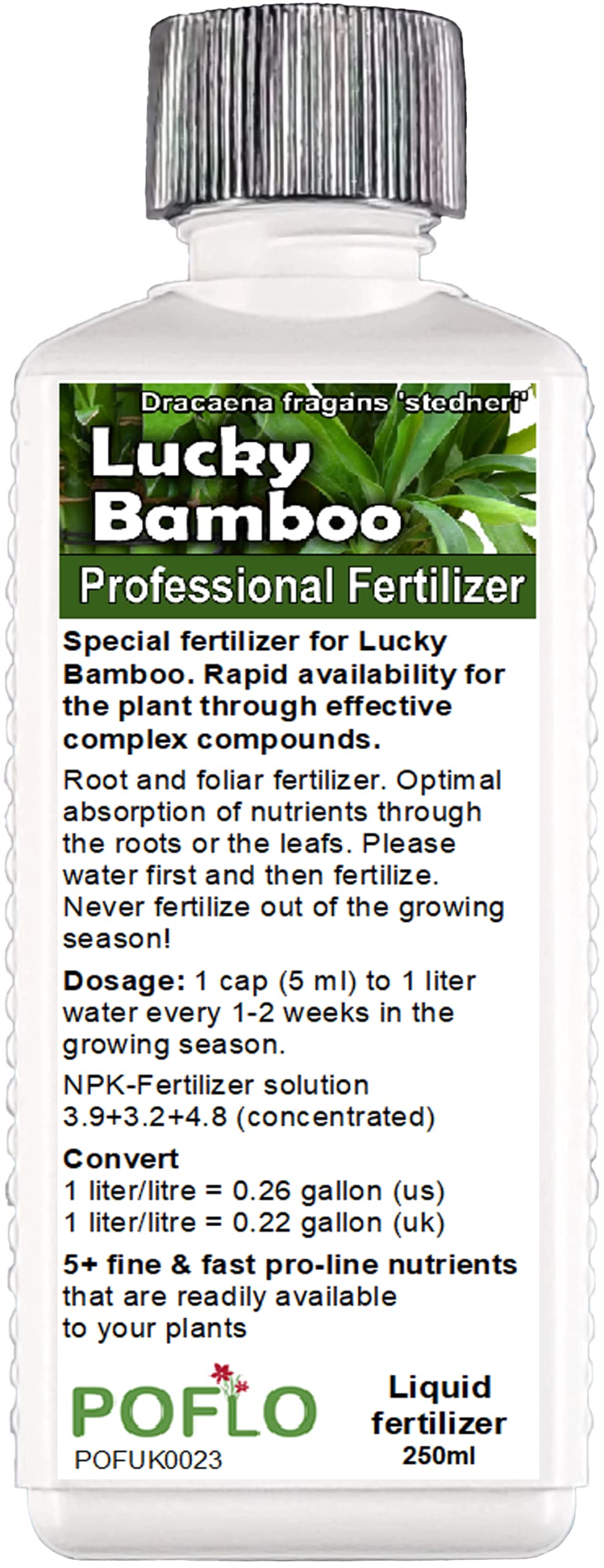 Lucky Bamboo Liquid Fertilizer, NPK for Dracaena braunii, Dracaena sanderiana, Sander's Dracaena, Ribbon dracaena, Curly Bamboo, Chinese water bamboo, Friendship bamboo, Belgian evergreen (250ml)