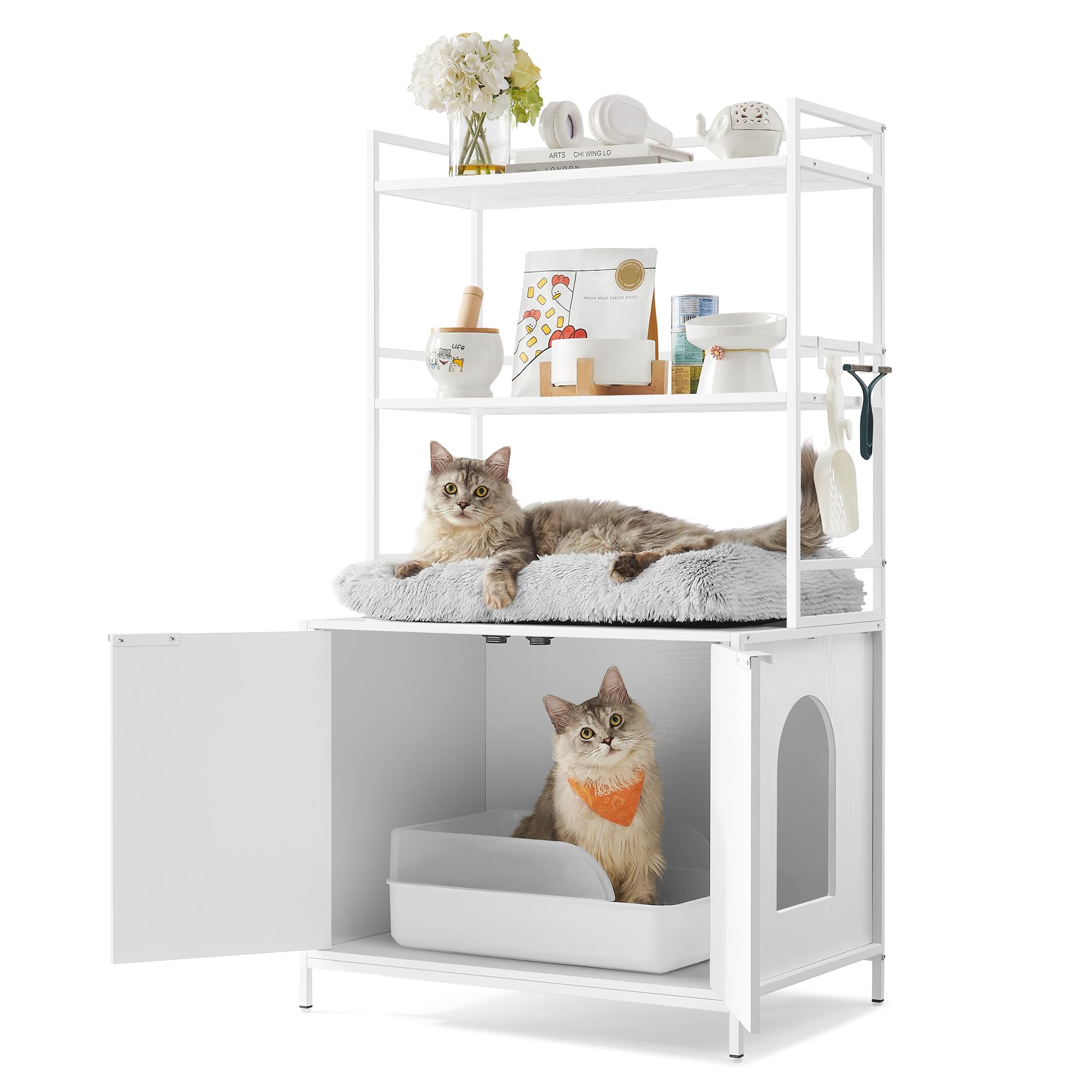 Photo 1 of ** USED** Feandrea Cat Litter Box Enclosure, Hidden Litter Box Furniture with 2 Storage Shelves, 2 Hooks, Spacious for Large Cats, Indoor Cat House, Snow White UPCL009W01