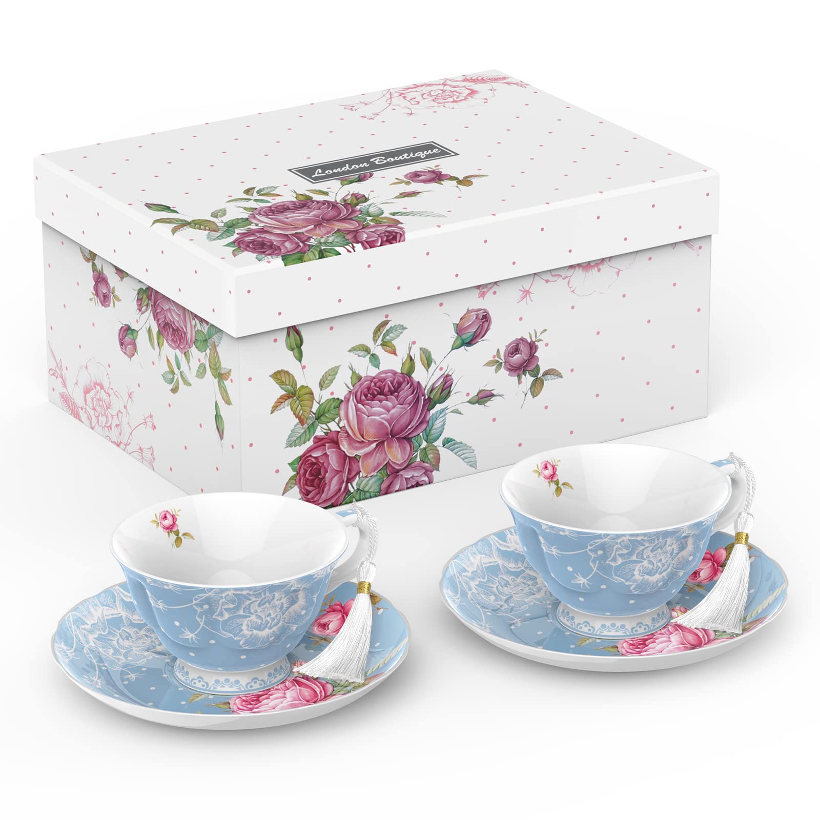 London Boutique Luxury Blue Floral Tea Cup & Saucer Set with Tassel – Elegant Porcelain Teacup with Gift Box – Vintage Afternoon Tea Coffee Cup – Ideal Birthday, Wedding (Blue)