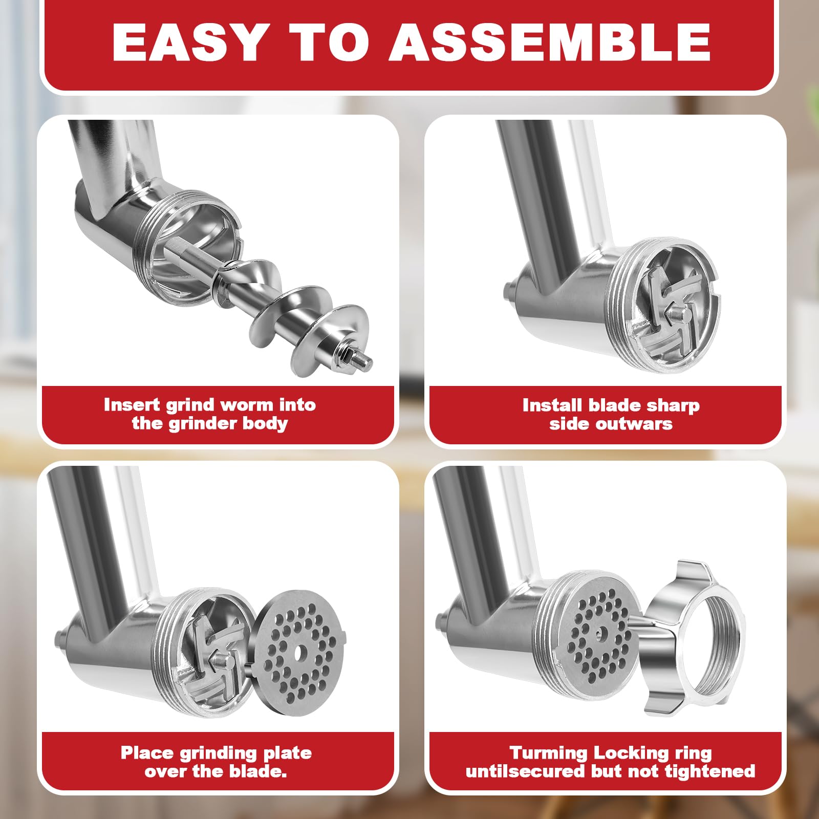 Meat Grinder Attachment for KitchenAid Stand Mixer – Metal Food Grinder with 4 Grinding Plates, 3 Sausage Stuffer Tubes & 2 Blades – Compatible with KitchenAid Mixers (Mixer Not Included)
