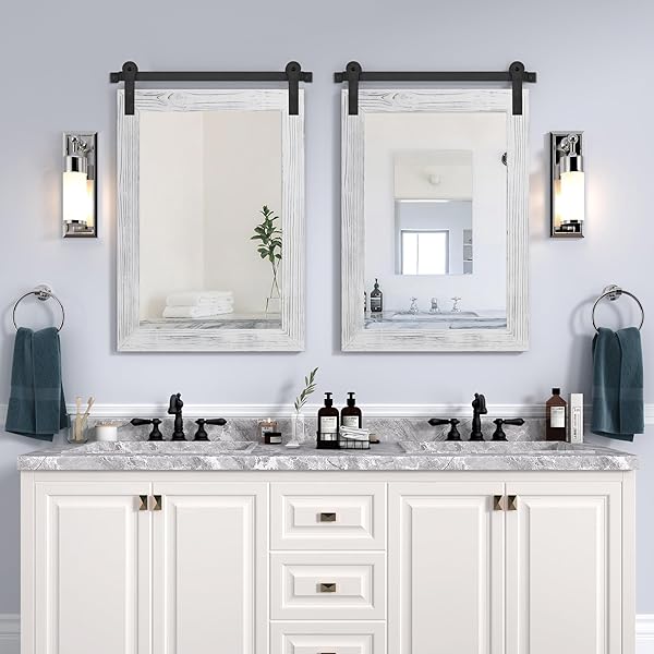 COGOOD FARMHOUSE BATHROOM MIRROR – 30 X 21 RUSTIC WOOD FRAMED WALL BARN DOOR MIRROR FOR ENTRYWAY, LIVING ROOM, VANITY WALL DECOR (WHITE)