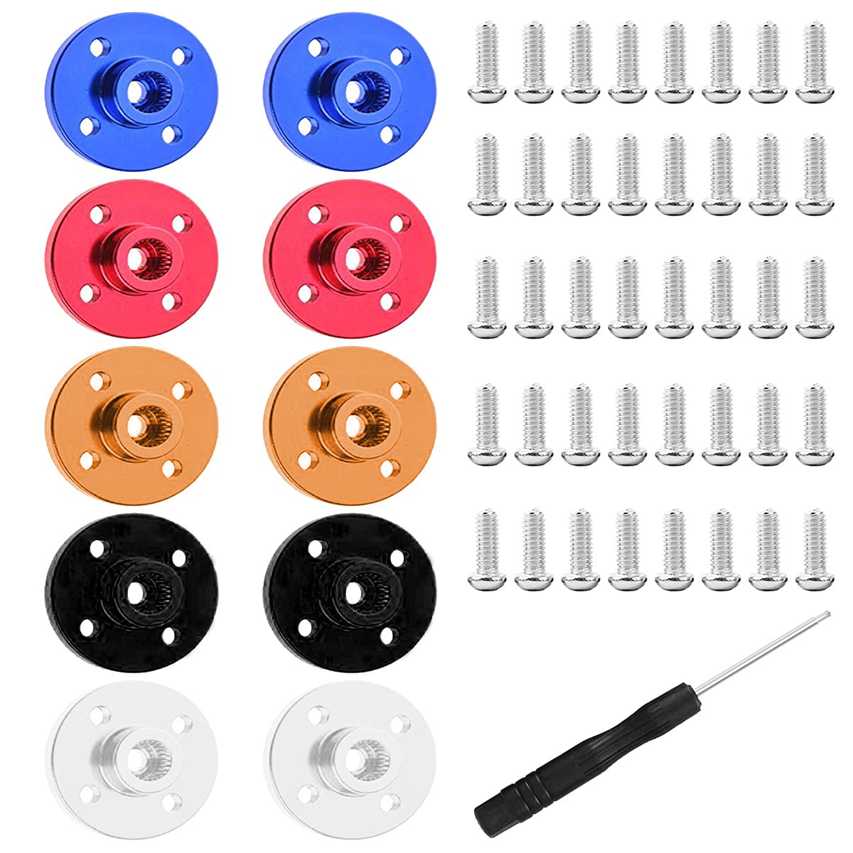 Youmile 10PCS 25T Servo Arm Horn Aluminum Round Type Steering Servo Horn 5 Color Blue Red Black Silver Orange For RC Car/MG995/MG996R with 40PCS M3 Screw, Screwdriver