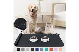 ZIRWTI Pet Feeding Mat, Dog Food Mat, Silicone Pet Feeding Mats with Residue Collection Pocket, Waterproof Dog Cat Bowl Mats for Food and Water with Edge and Hook, Tray for Dog Bowls (Black, 18''x12'')