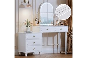 YYJ Vanity Desk with Mirror and Lights,Makeup Vanity with Power Outlet and Adjustable Cabinet,Modern Makeup Table with 3 Drawers for Bedroom Makeup Room,Writing Desk White