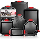 PERLLI Non-Stick 8-Piece Baking Pan Set, BPA-Free Carbon Steel Bakeware Set with Silicone Handles, Stackable Kitchen Oven Set, Cookie Sheet, Baking Tray, Baking Sheet Set, Oven Safe (446°F)