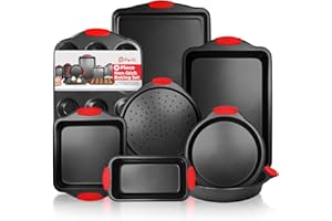 Perlli Baking Pan 8 Piece Set Nonstick Carbon Steel Oven Bakeware Kitchen Set with Silicone Handles, Cookie Sheet, 2 Round Cake Pans, Square Pan, Loaf Pan, Deep Dish Pan, Pizza Crisper, Muffin Pan