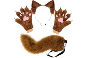 HAOAN Wolf Fox Tail Clip Ears and Gloves Set Halloween Christmas Fancy Party Costume Toys Gift for Women
