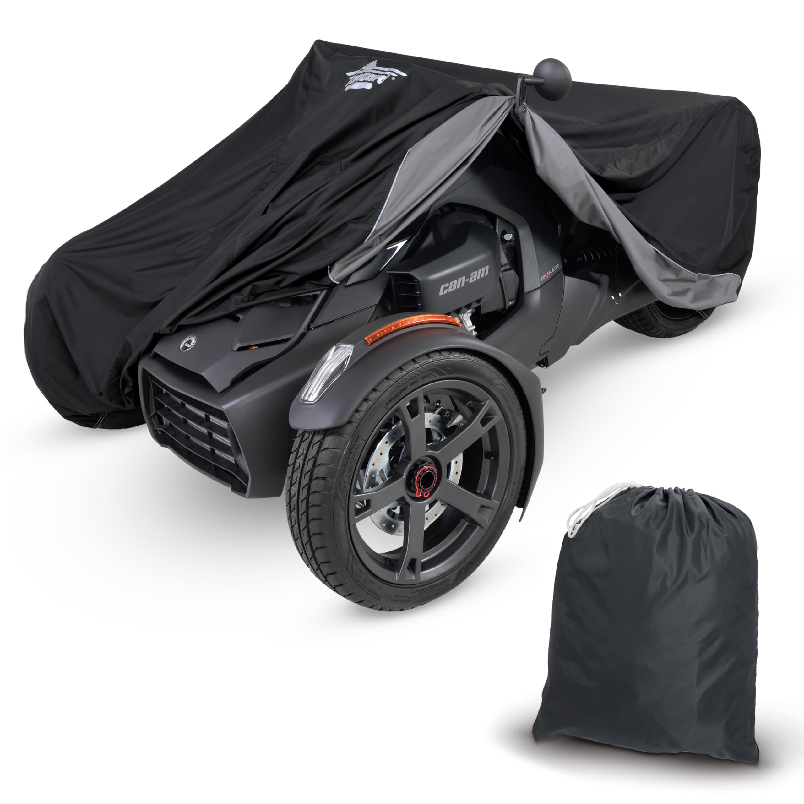 UltraGard Can-Am Ryker Full Motorcycle Cover with Heat Shield & Expandable Pouch - Water-Resistant, Windshield Protection, Bungee Tie Downs, Reflective, Black/Charcoal Image