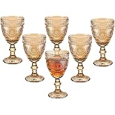 Vintage Wine Glasses Set of 6, 10 Ounces Colored Glass Water Goblets, Unique Flower Embossed Pattern High Clear Stemmed Glassware Wedding Party Bar Glass Drinking Cups Flower Amber Fancy Glasses