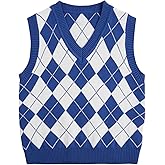 Verdusa Boy's V Neck Argyle Print Knitted Vintage Sweater Vest Casual Sleeveless Pullovers