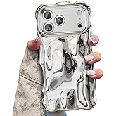 UEEBAI Ripple Case for iPhone 17 Pro Max, Cute Silver Cover Wave Shape for iPhone Case Pretty Aesthetic 3D Phone Cover, Water Ripple Shell 3D Chrome Design for Women and Girl, Silver