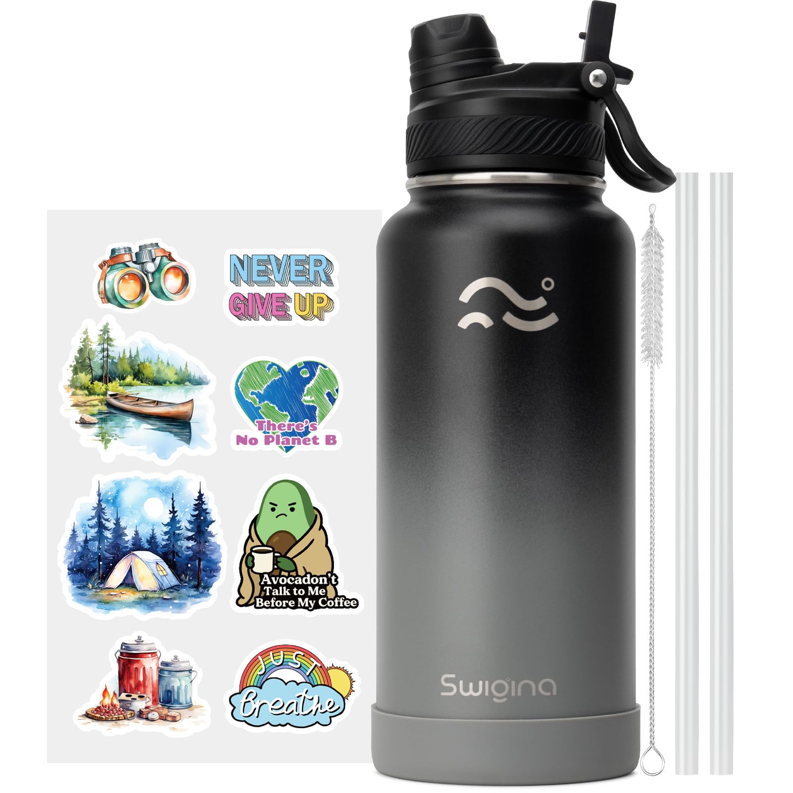 Photo 1 of Swigina [2-IN-1 LID] Insulated Water Bottle with Silicone Boot (36hrs Cold/18hrs Hot) - DIY Stickers, Leakproof, BPA Free, 32 oz