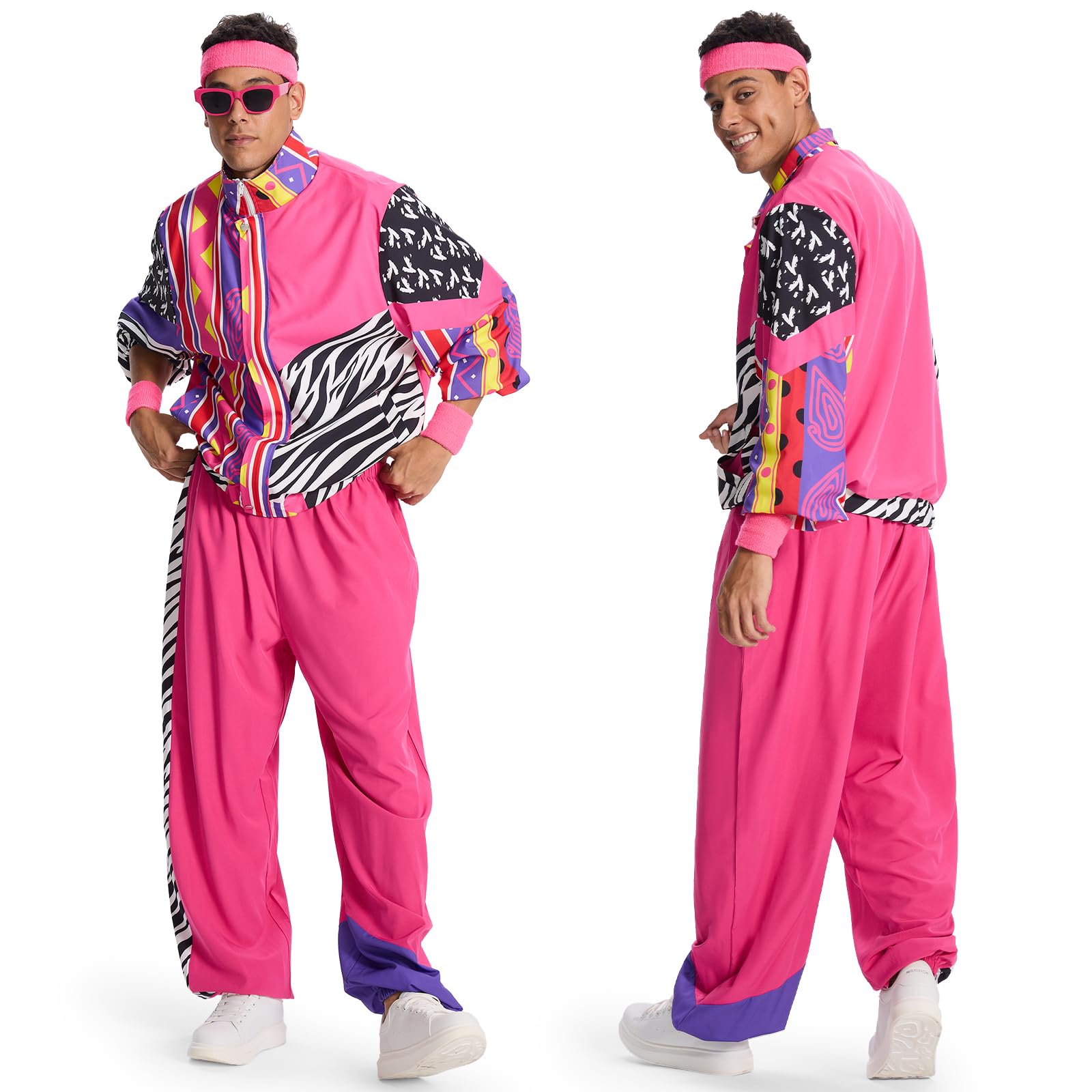 Photo 1 of IEEILULU 80s 90s Tracksuit Men, Retro Windbreaker Tracksuit 80s Halloween Costume Couples Set with Hip-Hop Accessories (Pink, XL)