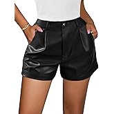 SOFIA'S CHOICE Women's Faux Leather Shorts High Waisted Roll Hem Pleated Mini Short with Pockets
