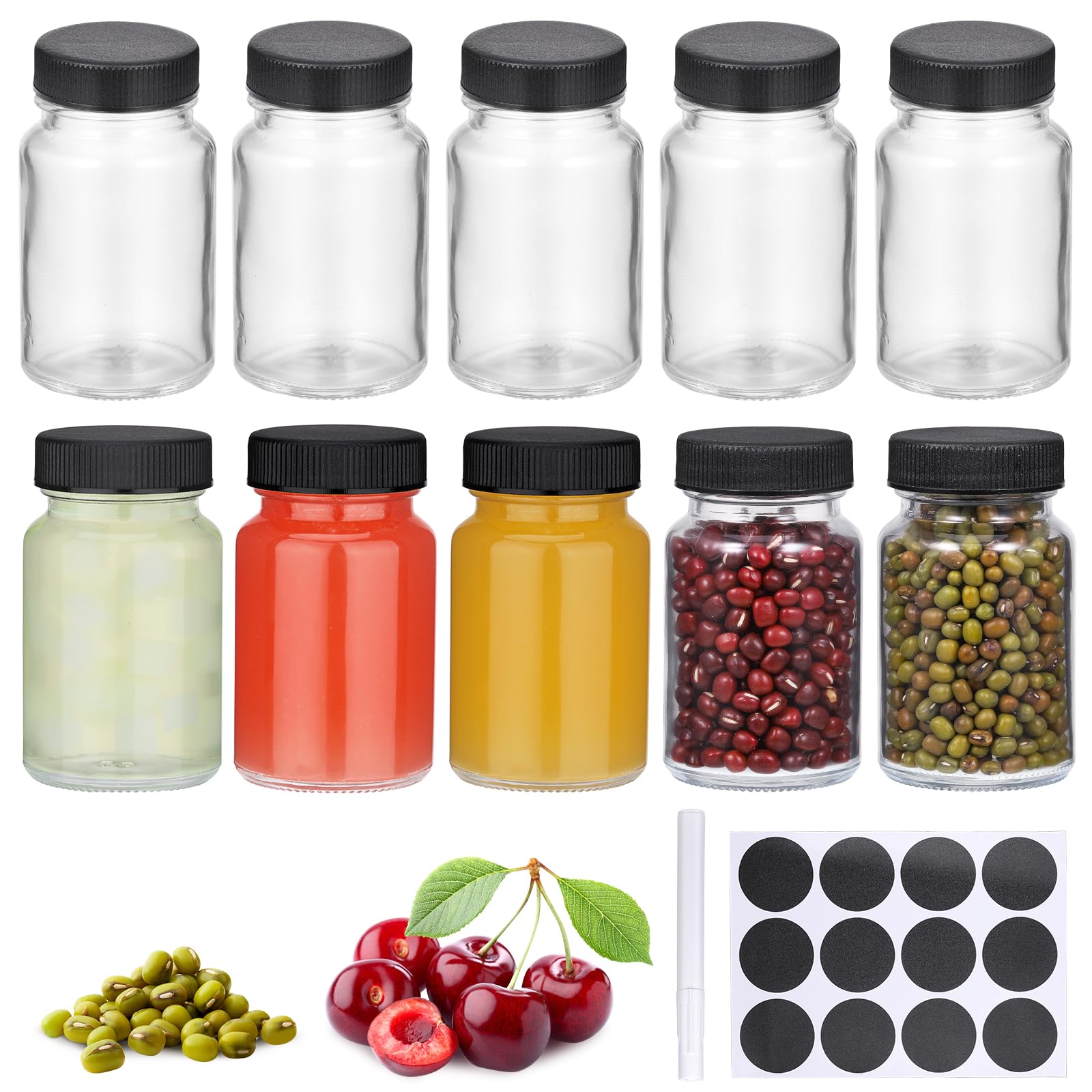 Hejo 10 Pcs Glass Shot Bottles with Lids, 60 ml Juice Jars with Labels, Small Glass Containers, Wide Mouth Reusable Mini Ginger Shot Bottles for Oils, Sauce, Milk (Black Lid)