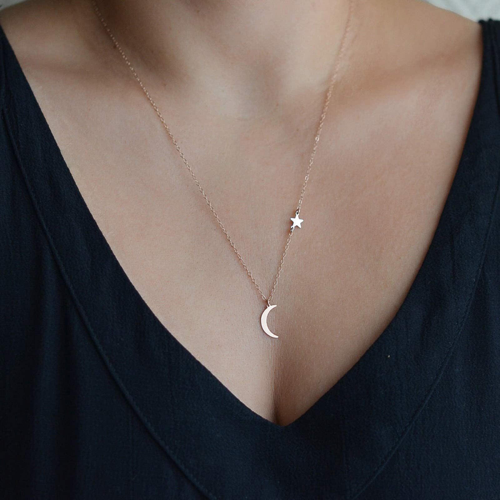 TseenYi Moon Pendant Necklace Chain Tiny Gold Star Choker Necklace Boho Chain Necklace Jewelry for women and Girls (Gold)