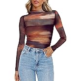 Zeagoo Womens Mesh Sheer Long Sleeve Top Mock Turtle Neck See Though Shirts Ruched Sexy Casual Going Out Blouses