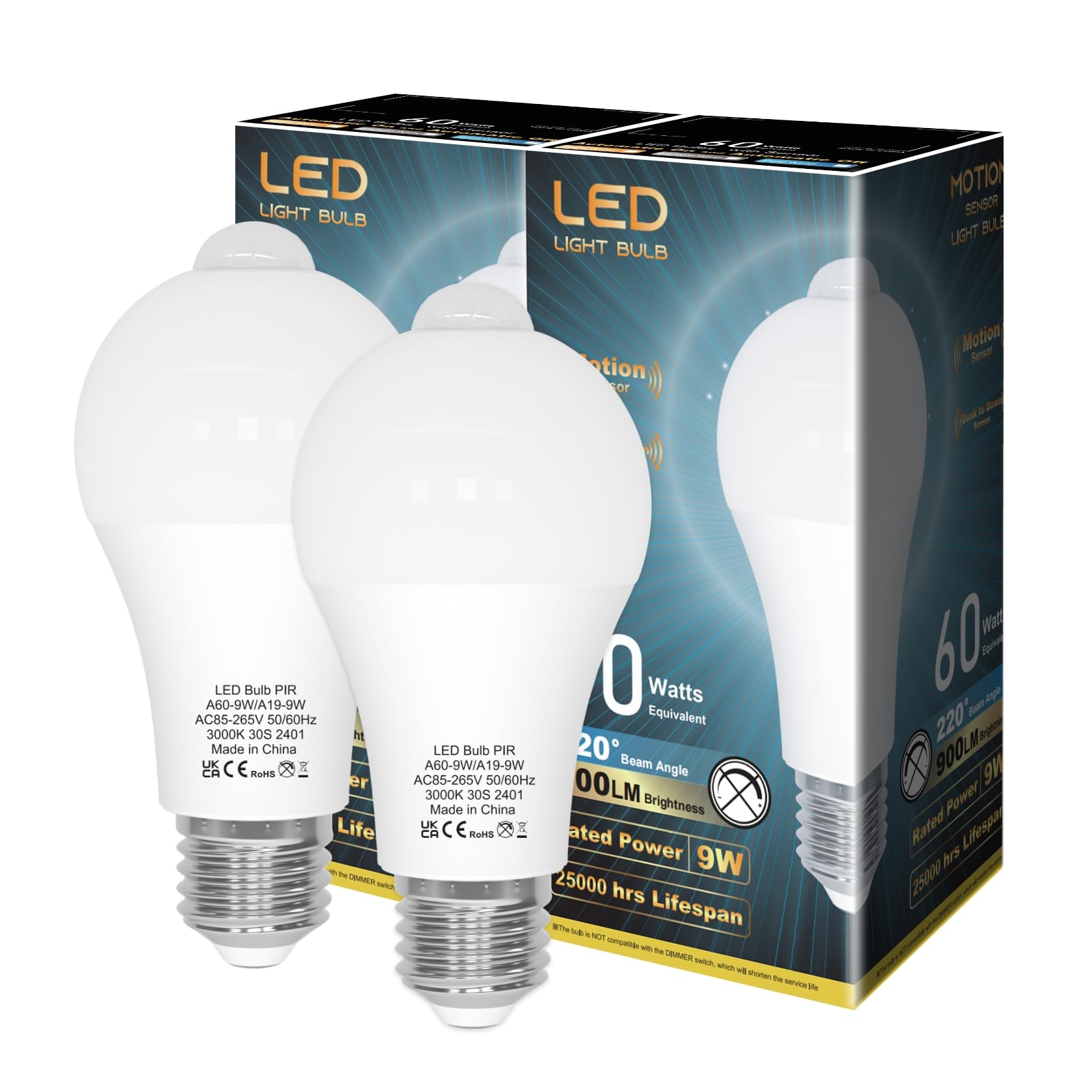 LUTW Motion Sensor Light Bulb, E27 Screw Bulb Equivalent 60W Incandescent, Warm White 3000K 9W 900LM, Auto On/Off Indoor Outdoor Security LED Bulb for Garage, Stairs, Hallway Basement, 2 Pack — image 1