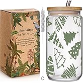 Enanaimg Green Christmas Tree 16oz Iced Coffee Cup Gift for Sister Women Friends, Christmas Can Glass Reusable Beer Can Cup with Lid and Straw for Christmas Decor, Practical Birthday Gift