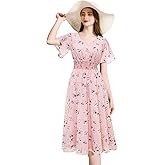 Gardenwed Chiffon Floral Dresses Summer Midi Wedding Guest Dress V Neck for Women Elastic Waist