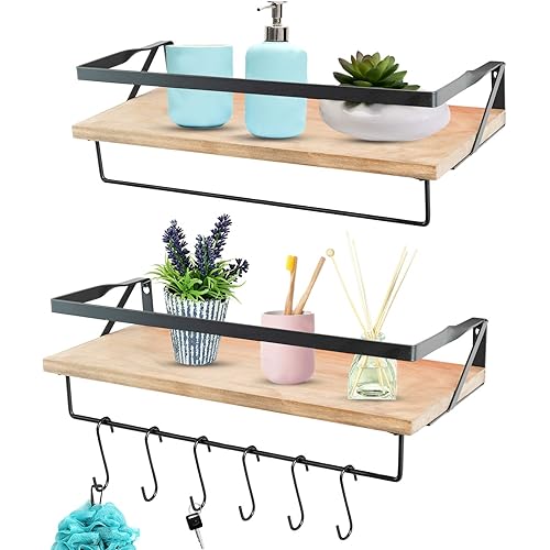 JS HANGER Floating Shelves Wall Mounted with 2 Tower Bars - Extra Wide Rustic Wood Shelves Storage Wall Shelves for Kitchen, Bathroom, Living Room and Bedroom with Removable Hooks - Set of 2 (Brown)