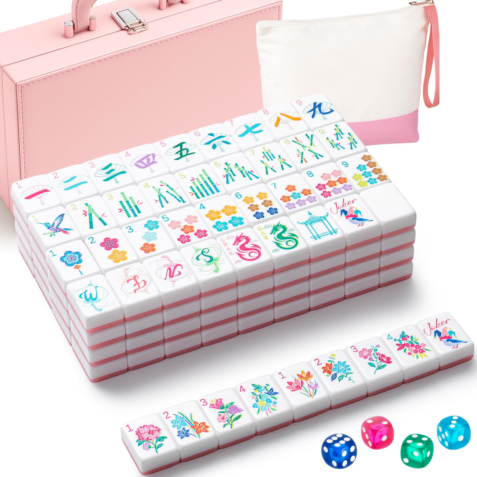 Photo 1 of **broken********Soulchen 1.2 Inch Acrylic American Mahjong Set 168 Blossom Numbered Tiles, Tiles Bag and Portable Travel Case Classic Complete Mahjong Set for Adult Collection Gift(Pink)