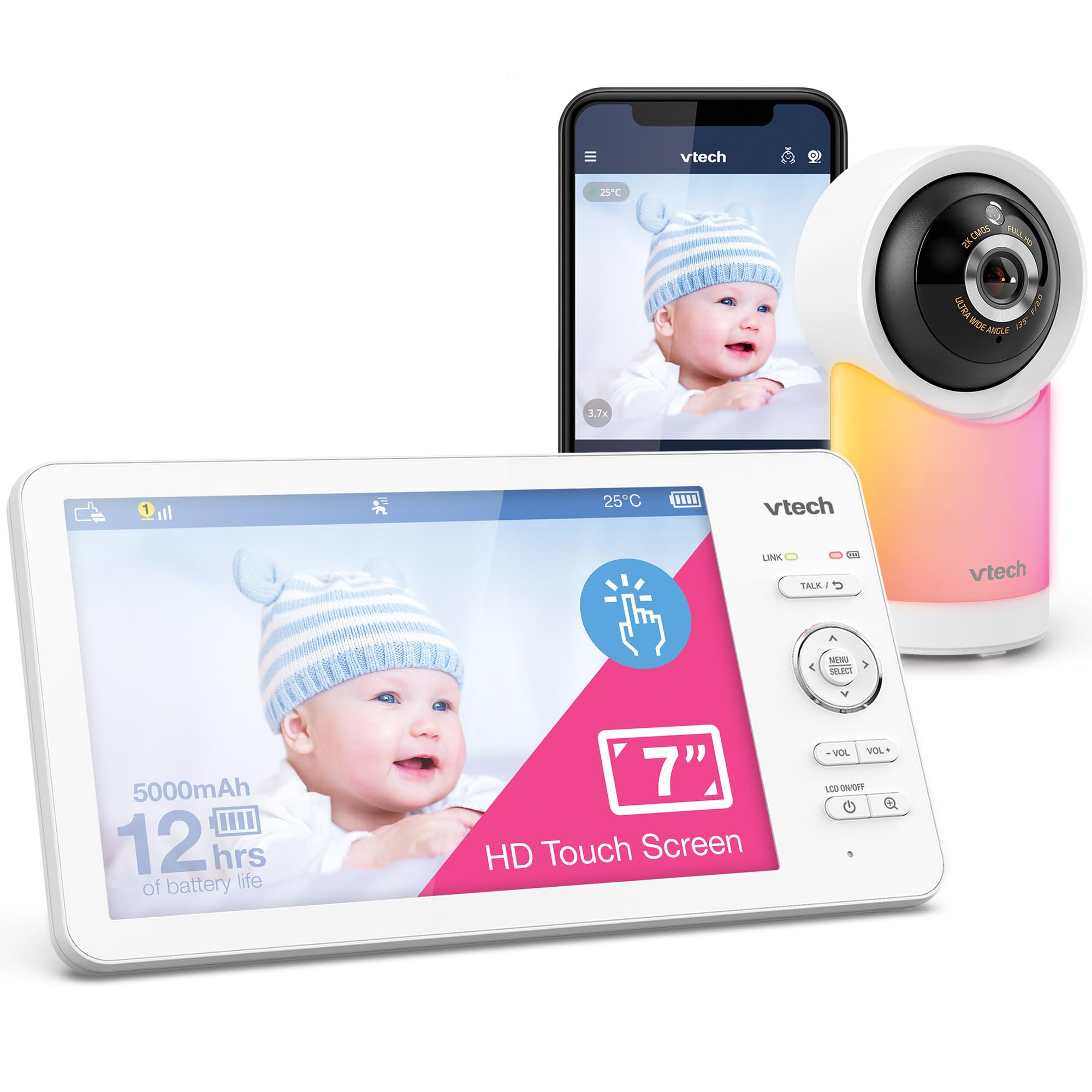 VTech RM7768HD Smart Wi-Fi Baby Monitor with 7"Touch Screen and 1080p HD Camera,360Â Pan&Tilt,135°Wide View,Night Light,Soothing Sounds,Temperature Sensor,Motion Detection,Mobile Connect,iOS/Android