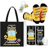 FoldTier 4 Pcs School Bus Driver Gifts Appreciation Gifts for Women Men 12 oz Stainless Steel Bus Driver Tumbler and Lids Funny Canvas Bag Keychain Socks(Yellow Black,Appreciate Tumbler)