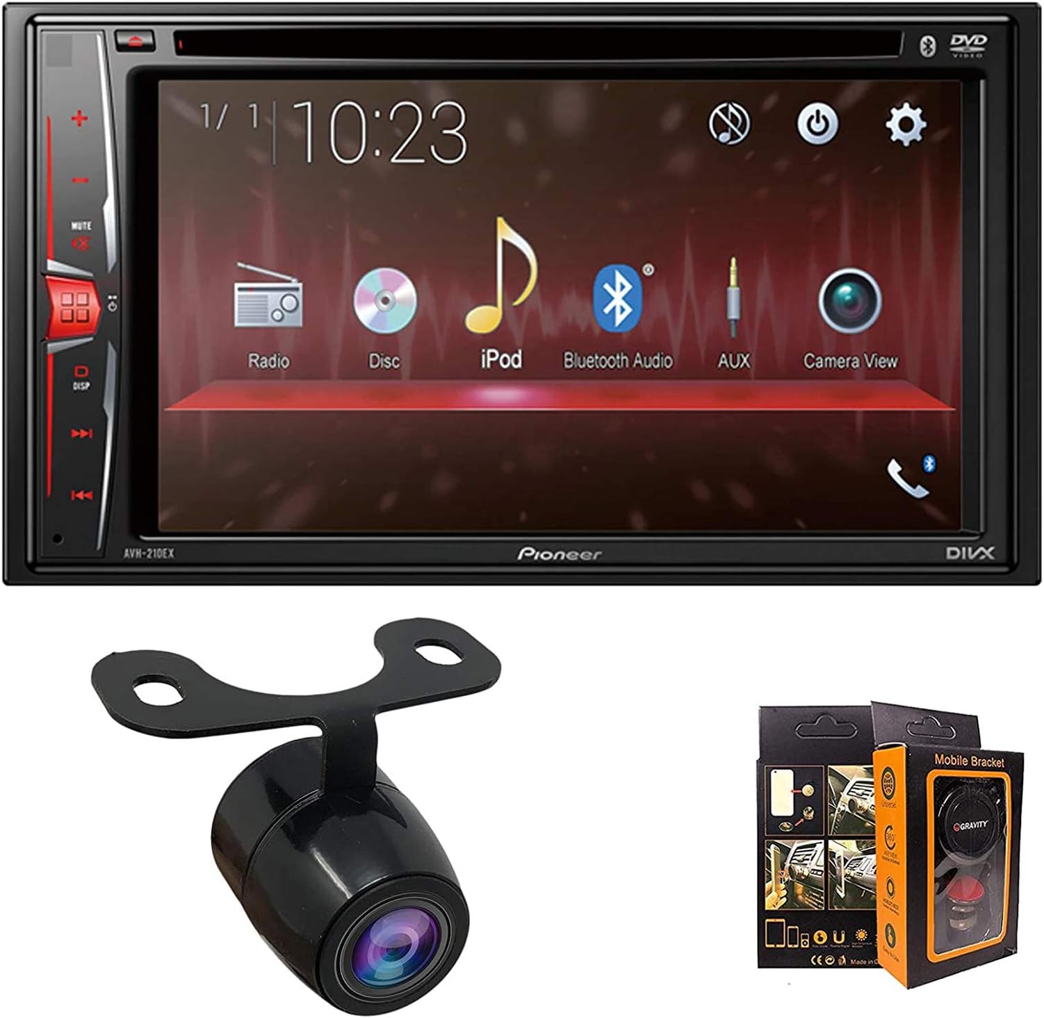 Pioneer Electronics AVH-210EX 6.2” 2-Din Bluetooth Touchscreen Multimedia DVD Receiver w/HD Rear Camera & Free Mobile Holder