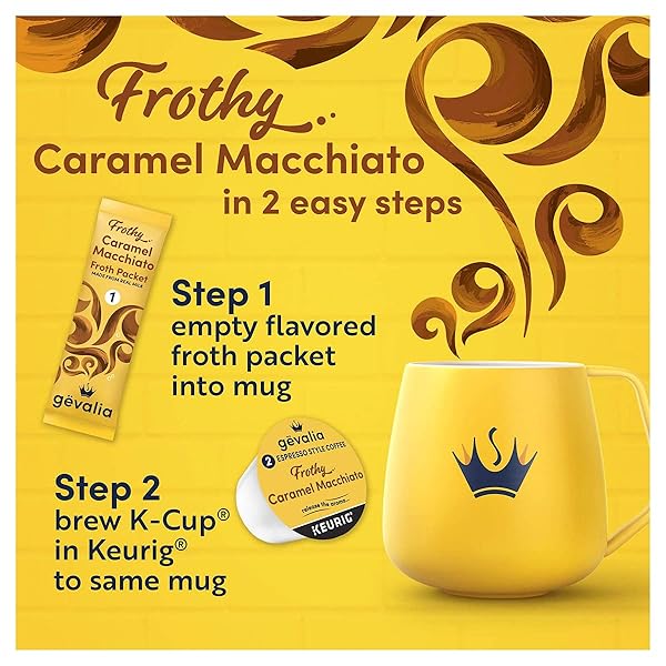 GEVALIA FROTHY 2-STEP CARAMEL MACCHIATO ESPRESSO K-CUP COFFEE PODS & FROTH PACKETS KIT, 6 CT BOX