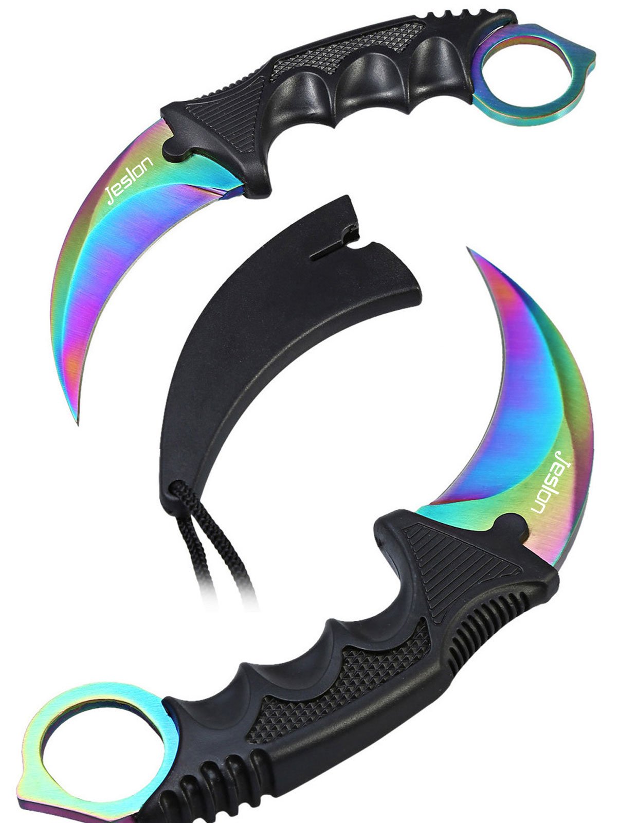 Jeslon Stainlsee Steel Tactical Karambit Hawbill Knife With Sheath and Cord,Survival Defense Claw Fixed Knife For Outdoor Hunting Camping Hiking Tools (Rainbow)