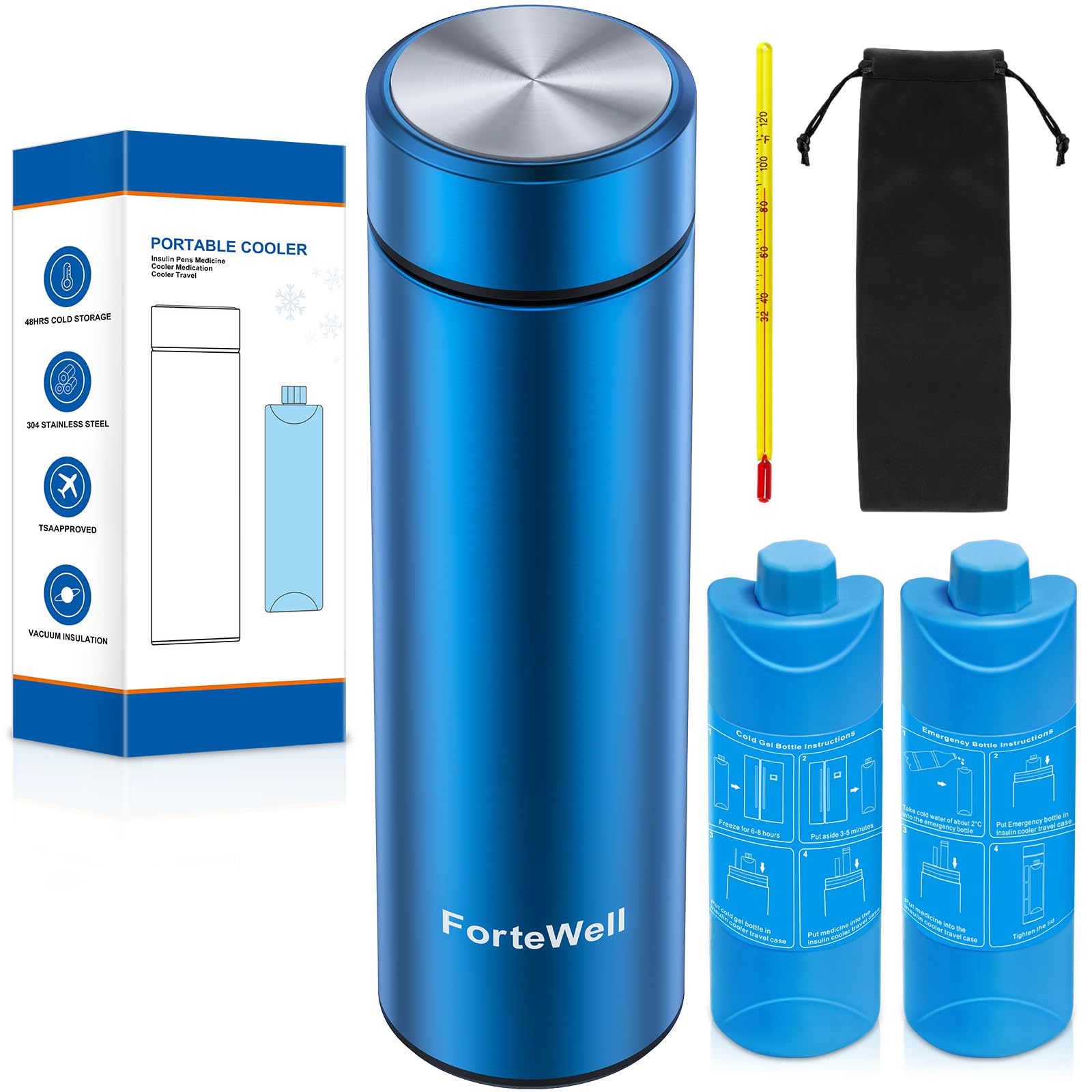 Photo 1 of ForteWell Insulin Cooler Travel Case TSA Approved – 60H Insulin Pen Cooler for 2-3 Pens – Medication Travel Case with Ice Packs, Ideal for Diabetes Care & Injection Storage (Blue)