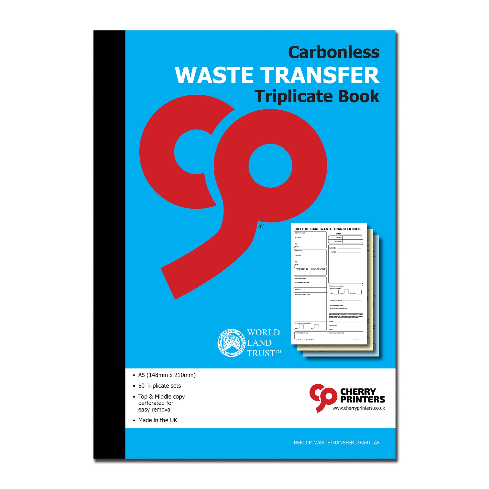 Cherry Carbonless NCR Duty of Care Waste Transfer Triplicate Book A5 50 Sets