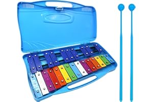 BIGBILLION Glockenspiel Xylophone 25 Notes Xylophone for Kids Metal Percussion Instrument with Case Two Safe Mallets, Perfectly Tuned Music Teaching, Gifts(Blue)
