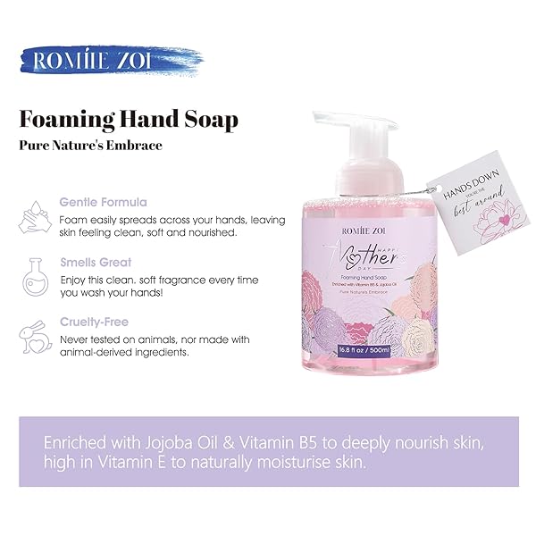 ROMIIE ZOI FOAMING HAND SOAP FOR MOTHER’S DAY GIFT BASKET – CARNATION DESIGN, INFUSED WITH ROSE SCENTED AROMA – 500 ML / 16.8 FL OZ