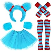 Boutrele 5 Pcs Girls Halloween Costumes Set,Blue Tutu Skirt/Fluffy Headband/Plush Wrist Cuffs/Striped Socks/Gloves Dress Up