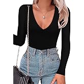 SAUNGKUAI Women's Plunge Deep V Neck Long Sleeve Bodysuit Double Lined Thong Body Suit Shirt Tops