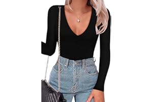SAUNGKUAI Women's Plunge Deep V Neck Long Sleeve Bodysuit Double Lined Thong Body Suit Shirt Tops