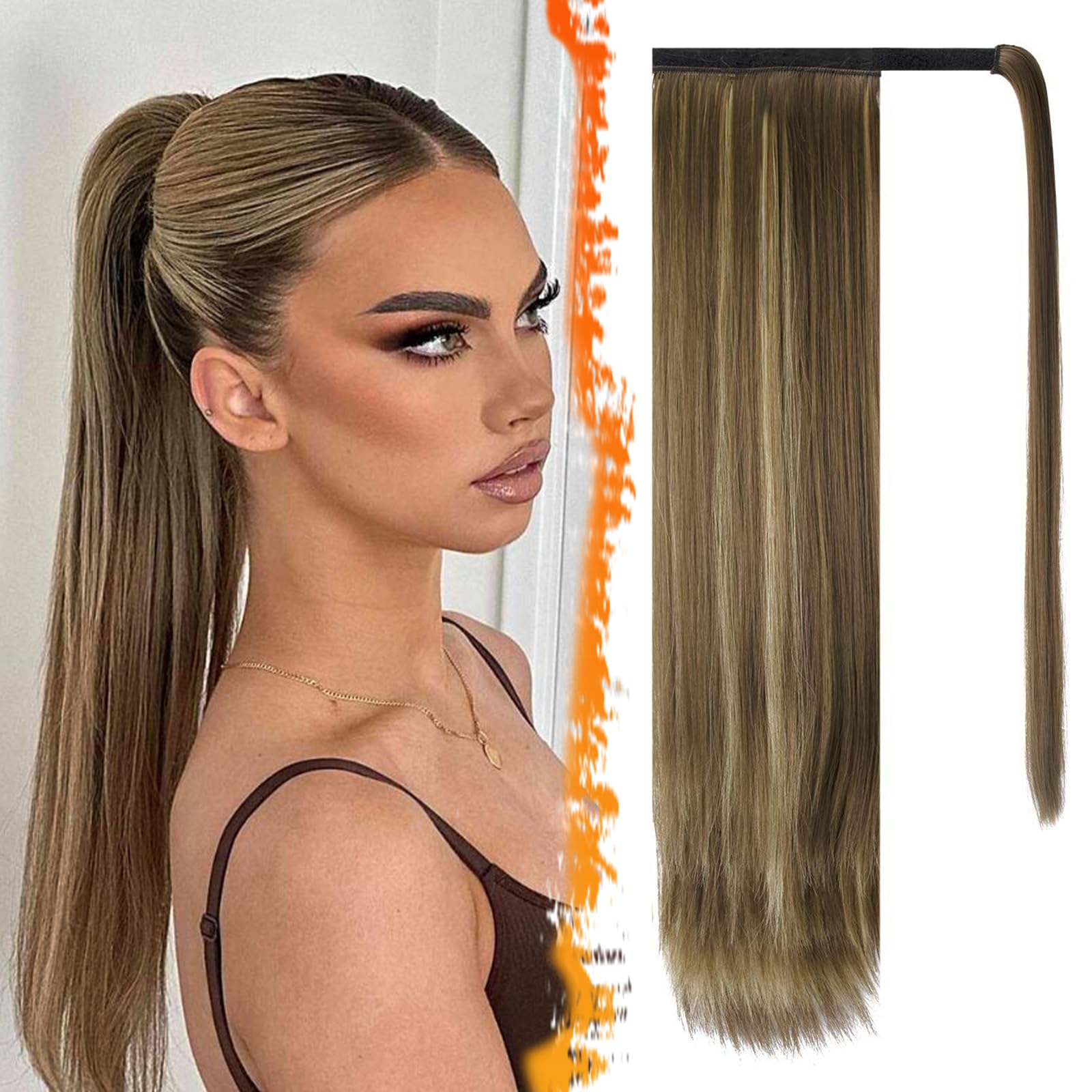 Photo 1 of BARSDAR Brown Highlight Straight Wrap Ponytail Extension - 20 Inch Long Straight Wrap Around Ponytails for Women, Synthetic Clip in Ponytail Extensions Balayage Pony Tails Hairpieces