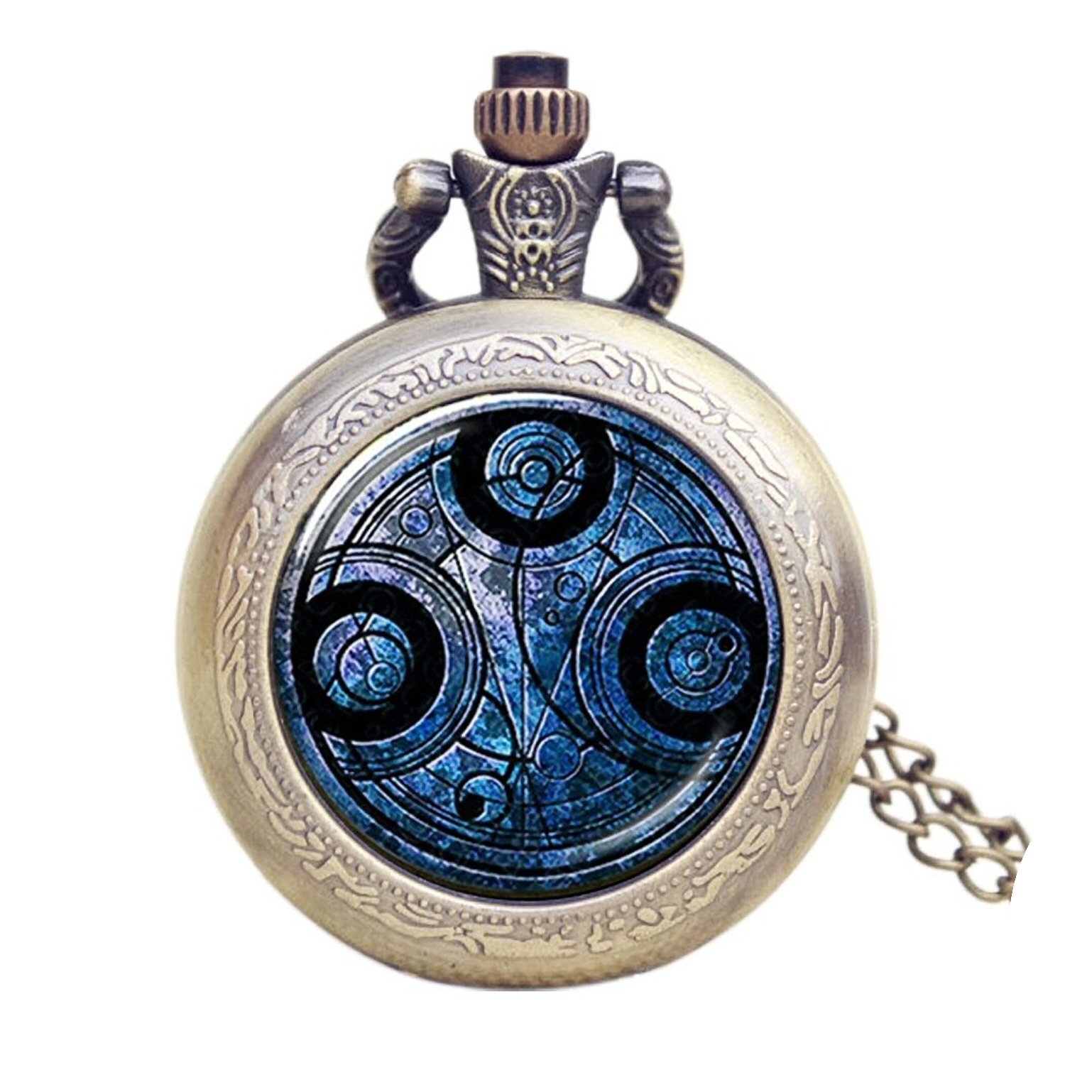 Designer Inspirations Boutique ® DR WHO Blue Gallifrey Timelord Seal Bronze Effect Retro/Vintage Case Full Hunter Mens/Boys Quartz Pocket Watch Necklace - On 32" Inch / 80cm Chain